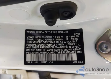 2017 Honda Civic Ex z USA, uszkodzony, nr VIN SHHFK7H55HU429112